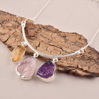 Three Stone Necklace Natural Real Citrine, Morganite, Amethyst Crystals Bezel Pendant, Raw Gemstone, Healing Gemstone, Birthday, Mothers Day Gift Jewelry, Occasion Wear, Gift for Her