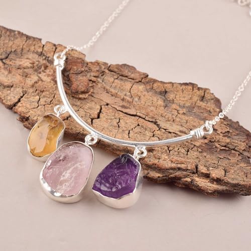 Three Stone Necklace Natural Real Citrine, Morganite, Amethyst Crystals Bezel Pendant, Raw Gemstone, Healing Gemstone, Birthday, Mothers Day Gift Jewelry, Occasion Wear, Gift for Her