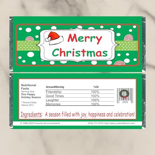 Merry Christmas Holiday Candy Bar Wrappers, Fits a Milk Chocolate Bar (Set of 12)(W736)