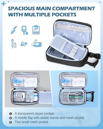 Diabetes Travel Case with 2 Ice Packs, Insulin Cooler Travel Case with Multiple Pockets and Buckle Handle, Black