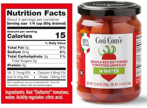 Cosi Come - Datterino Red Tomatoes Unpeeled in Water, Datterini Tomatoes in water (12.354 oz) 350 g, Low-acid, No additives, No preservatives, 100% Natural, Non-GMO, Product of Italy