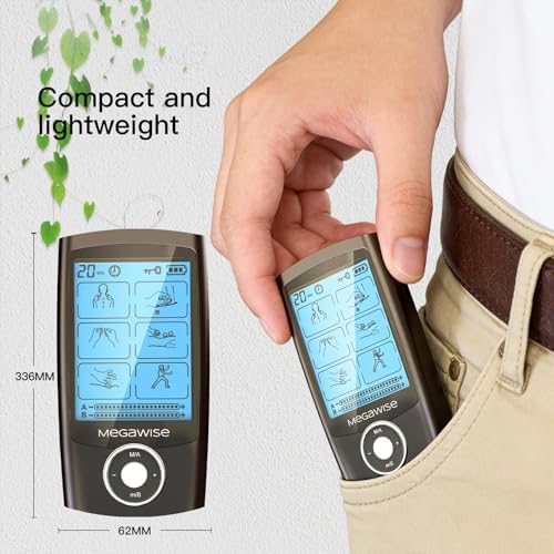 MegaWise 48 Modes（24 * 2） Dual Channel EMS TENS Unit Muscle Stimulator with 14Pcs Reusable Electrode Pads. Rechargeable Continuous Mode Electronic Pulse Massager with Storage Pouch/Pads Holder