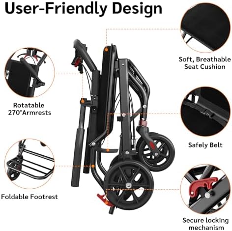 Lightweight Foldable Transport Wheelchair, Portable Travel Wheelchair with Handbrake for Adults & Seniors, Easy-Fold Design & Secure Locking Brakes Transfer Wheelchairs (Black)