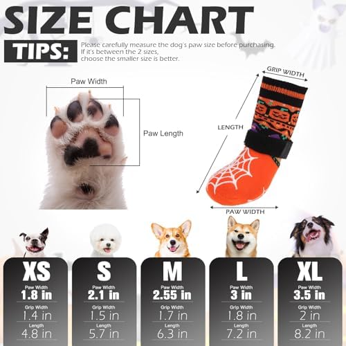 EXPAWLORER Halloween Anti Slip Dog Socks to Prevent Licking Paws, Boots & Paw Protectors with Spider Web Grippers,Doggie Booties for Hardwood Floors for Small Medium Large Senior Dogs Orange Pumpkin M