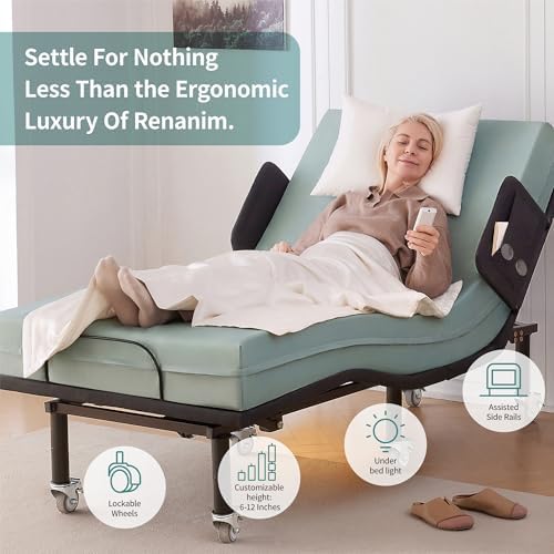 Twin XL Adjustable Bed Frame with Side Rails for Adults - Adjustable Base Only, Wireless Remote, Under-Bed Light, Brake Wheel Legs Zero Gravity Electric