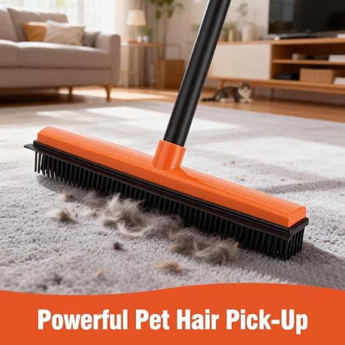 CLEANHOME Rubber Broom for Pet Hair on Carpet & Stairs, Adjustable Long Handle Rubber Broom & Squeegee, Pet Hair Remover Tool for Hardwood Tile Floors, Dog Cat Hair Broom
