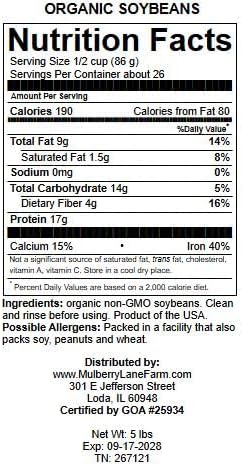 Soybeans, 5 Pounds Whole, USDA Certified Organic, Non-GMO Bulk, Product of USA, Mulberry Lane Farms