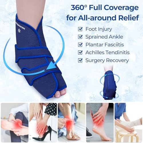 KingPavonini Ankle Foot Ice Pack Wrap for Sprained Ankle/Surgery Recovery, Reusable Gel Ice Packs for Feet Injuries, Plantar Fasciitis, Achilles Tendonitis, Hot/Cold Therapy, XL (1 Wrap+4 Gel Packs)