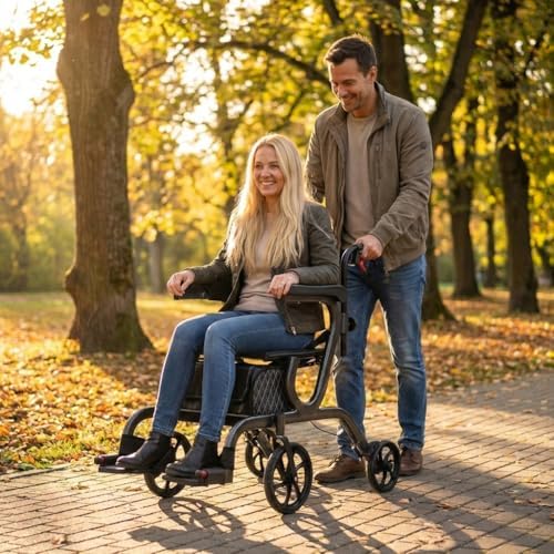 NOVA 2-in-1 Rollator Walker & Transport Chair, Folding Mobility Aid with 10” Front Wheels, Removable Footrests, Lightweight Rolling Walker for Seniors, Walker Wheelchair Combo, Black