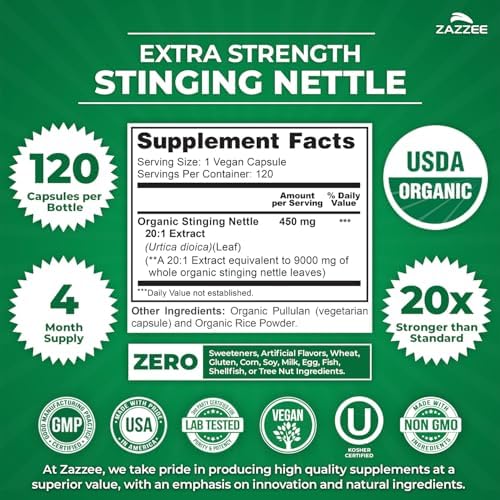 Zazzee USDA Organic Stinging Nettle Leaf 20:1 Extract, 120 Vegan Capsules, 4 Month Supply, Urtica Dioica, Respiratory, Immune & Seasonal Wellness Support, Organic Herbal Supplement, Made in the USA
