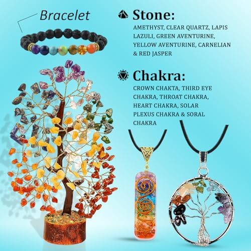 7 Chakra Healing Crystal Gift Set - Premium 300-Bead Gemstone Money Tree, Protection Bracelet & 2 Pendant Necklaces - Complete Feng Shui Meditation Kit for Home Decor, Good Luck & Spiritual Healing