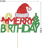 Glitter Merry Birthday Cake Topper Red & Green Merry Christmas Happy Holiday Cake Decoration，Winter Festival Xmas Themed Kids Adults Birthday Party Decorations Supplies
