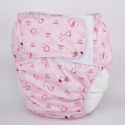 Adult Cloth Diaper Reusable Washable Hook and Loop (Pink Animals (Large 26in to 50in))