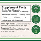 L-Serine Capsules (Third Party Tested) - 2,000mg Servings Used in Clinical Study, 180 Count, 500mg per Capsule (L Serine Amino Acid for Serotonin Production and Brain Support) by Double Wood