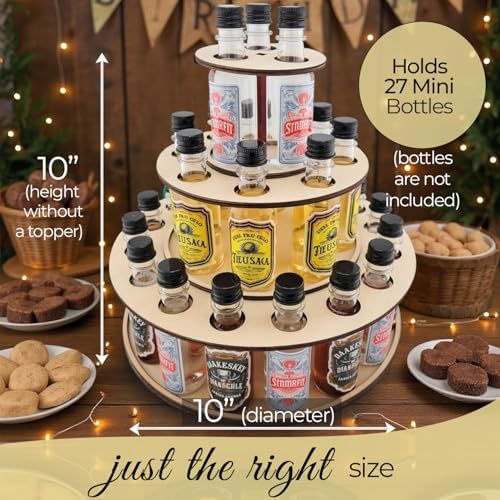 Party Centerpiece Display for Mini Liquor Bottles | 21st Birthday Holiday Celebration Decoration (Three Tier, Natural Wood)