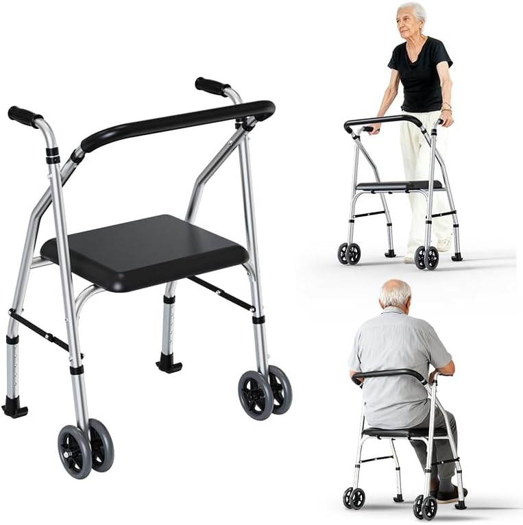 Walkers for Seniors, Standard Walker with Seat, Adjustable Two-Wheeled Walker with 5”Wheels, Lightweight, Stable Mobility Support, Compact Travel Walker, Suitable for use in Car