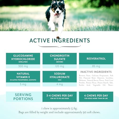 Dog Hip and Joint Support Supplement Soft Chews with Resveratrol, Glucosamine, Chondroitin, Hyaluronic Acid, Bacon Flavor, Large Breed
