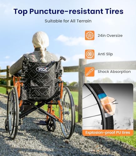 VOCIC Wheelchair for Adults Lightweight Portable Folding Wheelchair for Seniors with Flip-Back Arm Self-Propelled Wheelchair for Seniors with Double-Brake Designwith 23.6-Inch Large Rear
