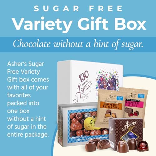 Asher's Chocolates Holiday Gift Box, Milk and Dark Chocolate Assortment, Small Batches of Kosher Chocolate, Family Owned Since 1892, Assorted Chocolate Gift Set (4 Sugar Free Items, Sugar Free Lovers)