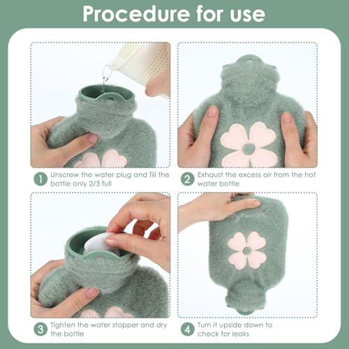 500ml Hot Water Bottle, 2-in-1 Small Hot Water Bottle with Cover Warm Water Bag with Soft Premium Faux Fur Cover Water Bag for Cold & Hot Compress Mini Hot-Water Bag for Women Men (Green)