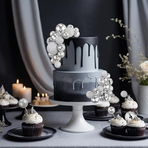 56 PCS Colorful Ball Shaped Cake Topper Pearl Balls Cupcake Cake Insert Topper for Birthday Party Wedding Decoration Supplies (Silver)