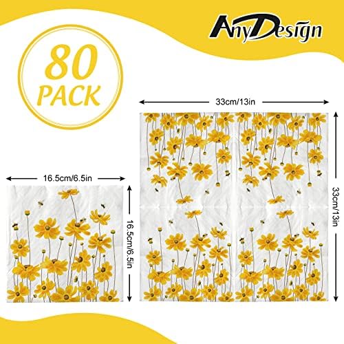 AnyDesign 80 Pack Summer Calliopsis Paper Napkins Flower Bee Dinner Napkins Yellow Floral Decorative Disposable Luncheon Hand Napkin for Spring Home Holiday Party Supplies