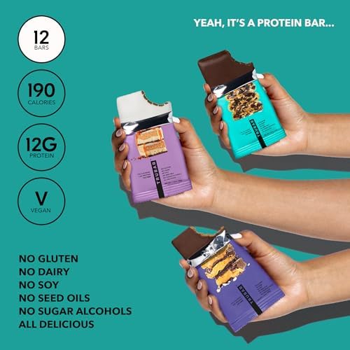 TRUBAR Vegan Protein Bar Variety Pack, Assorted Flavors, Peanut Butter, Macchiato, Cookie Dough, Gluten Free, Vegan Protein Snacks, 12G Plant-Based Protein, High Fiber, Healthy Protein Bars, 12 CT