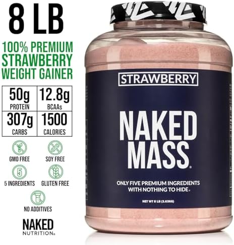 NAKED Strawberry Mass - 1,500 Calories, 50G Protein, Nothing Artificial. Strawberry Weight Gainer Protein Powder - 8lb Bulk, GMO Free, Gluten Free & Soy Free