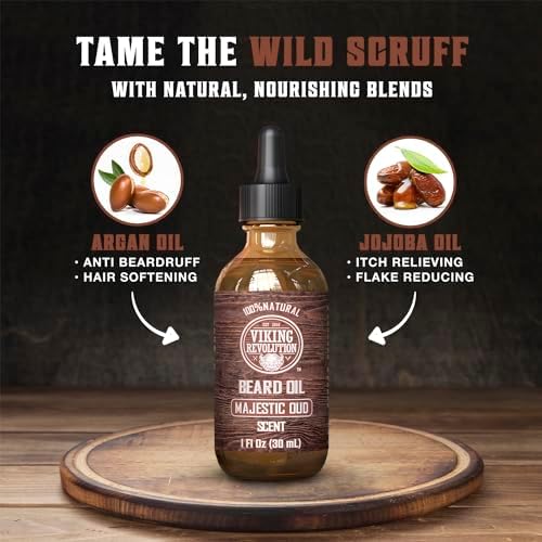 Viking Revolution Majestic Oud Beard Oil for Men - Natural Mens Beard Oil with Argan Oil and Jojoba Oil - Beard Softener, Strengthens and Moisturizes - Beard Conditioner for Men (Majestic Oud,1 Pack)