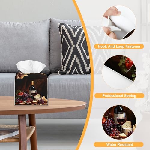 Red Wine and Grapes 2 Pcs Tissue Box Cover Square, Leather Tissue Box Holder for Bathroom Livingroom Bedroom, Decorations Cube Tissue Holder