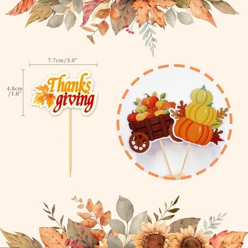 24 Pcs Thanksgiving Day Decoration Cupcake Toppers, Fall Theme Turkey Maple Leaf Pumpkin - Cake Picks for Thanksgiving Party Supplies (Mixed B)