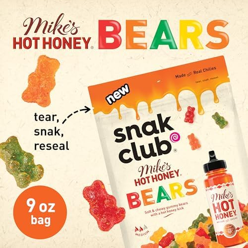 Snak Club Mike’s Hot Honey Bears Gummy Candy, Soft and Chewy Gummy Bears with Sweet Heat, Unique Candy Snacks, 9 oz Family Size Bag