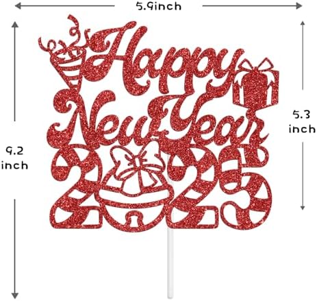 Happy New Year 2025 Cake Topper - Winter Xmas Holiday Cake Decor, Merry Christmas Santa Hello 2025 New Year Eve Party Decorations Supplies, Red Glitter
