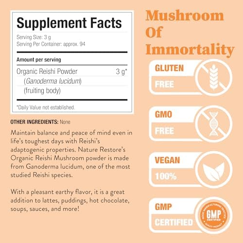 Nature Restore USDA Certified Organic Reishi Mushroom Powder, 10 Ounces, Non GMO, Gluten Free, Packaged in California, Ganoderma Lucidum/Lingzhi