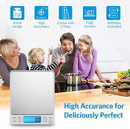 AMIR Digital Kitchen Scale, 3000g 0.01oz/ 0.1g Pocket Coffee Scale, Mini Food Scale, Pro Electronic Jewelry Scale with Back-Lit LCD Display, Tare & PCS Functions, Stainless Steel, Batteries Included