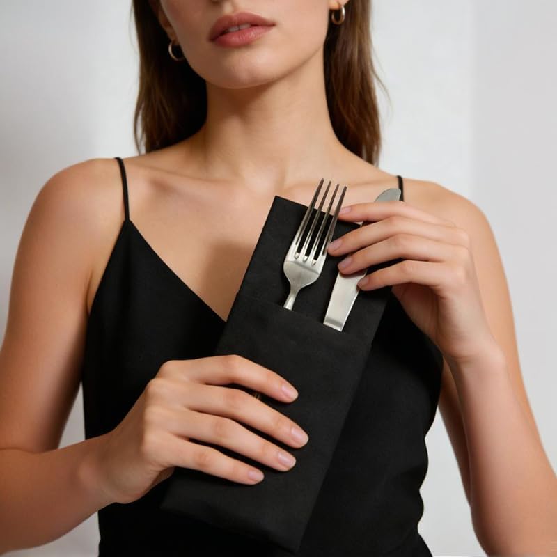 50 Pack, Airlaid Black Napkins, Linen-Feel Black Paper Napkins, Cloth Like Dinner Napkins with Built-in Flatware Pocket, Pre-Folded Absorbent Disposable Paper Hand Towels for Kitchen, Party