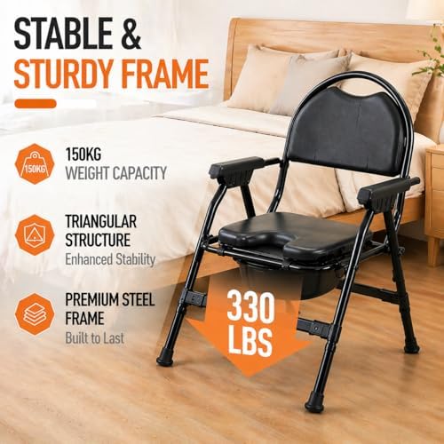 4-in-1 Folding Bedside Commode Chair with Seat Cover, Tool-Free Assembly Portable Toilet for Adults, Adjustable Height Bedside Commode for Seniors with Handles, 330lbs Support (Black)