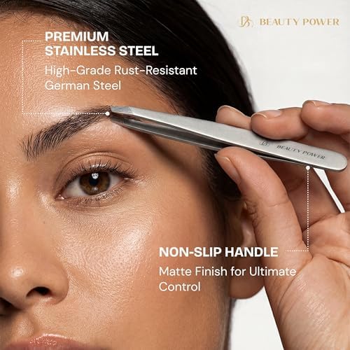 Beauty Power Professional Tweezers in Case - Slant, Durable Lightweight German Stainless Steel, Ultra Precision Tweezers for Eyebrows, Facial Hair, Chin, and Ingrown Hair Removal - Gift Idea - Gray