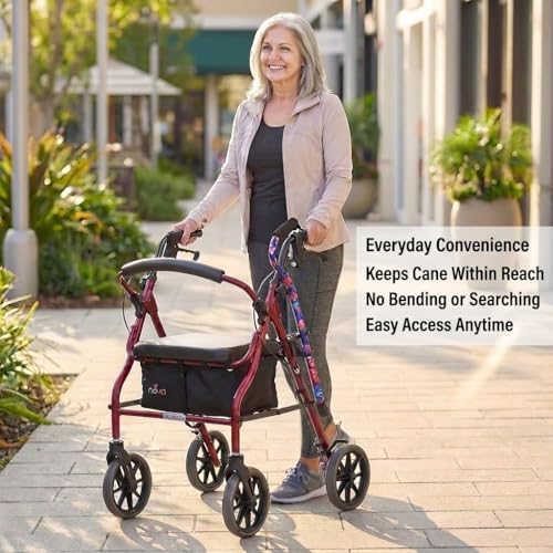 NOVA Snap-On Cane Holder for Walkers & Rollators – No Tools Required, Side-Mount Cane Clip, Durable Plastic – Fits 7/8” Cane & 1” Walker/Rollator Tubes