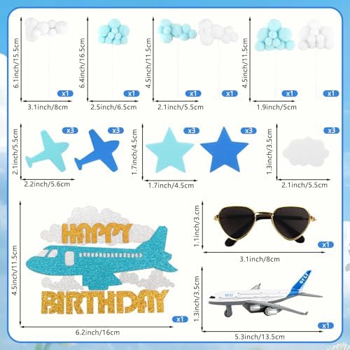 25 Pieces Airplane Cake Decorations Set with Airplane Figurine Aviator Sunglasses Cupcake Toppers for Aircraft Theme Birthday Party Decoration Supplies