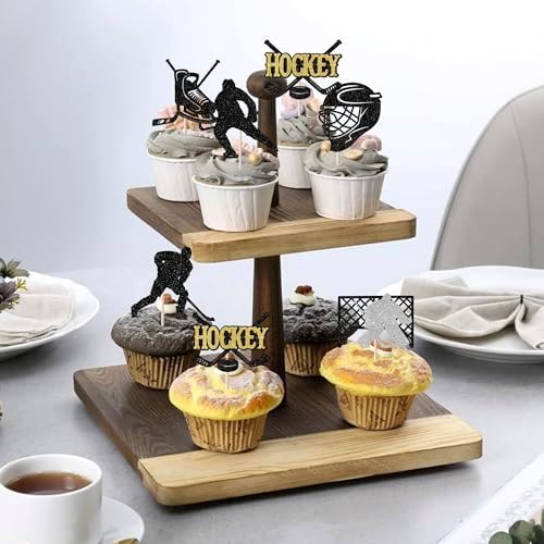 Rsstarxi 24 Pack Hockey Cupcake Toppers Black Glitter Hockey Players Cupcake Picks Ice Hockey Theme Birthday Cake Decorations for Baby Shower Boys Girls Birthday Party Decorations