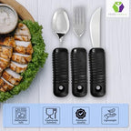 3 Piece Super Easy Grip Flatware Set - Bendable Built Up Utensils - Fork, Knife, and Spoon (Standard) - Black