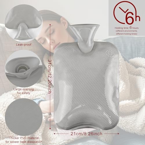 Hot Water Bottle with Cover, 2L Classic Rubber Hot Water Bag for Hand Feet Warmer Pink