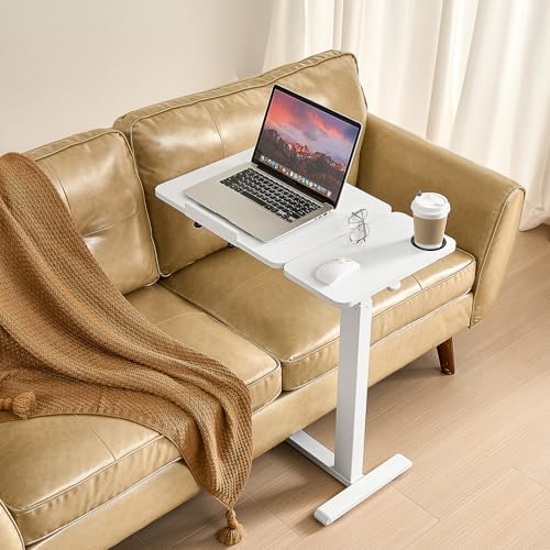 VEVOR Overbed Table, Mobile Bed Side Table with Flip Desktop and 4 Hidden Wheels, Height & Angle Adjustable Rolling Laptop Desk with Cup Holder, Portable Over Bed Desk for Home, Office, Study, White
