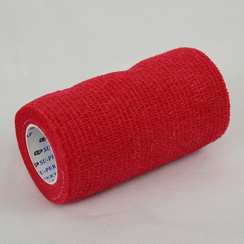 SU-PER FlexWRAP 12 Rolls Self Adhesive Bandages + SU-PER Wrap Cutter - Strong, Flexible, First Aid Bandages for Wound Dressings & Horse Leg Wraps - 4" x 5 Yards, Red