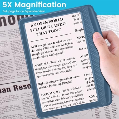 Rechargeable 5X Magnifying Glass for Reading, Large Bright Full Page Magnifier with Light, Handheld LED Dimmable Lighted, Lightweight Book Magnifier for Reading Small Prints Seniors - Blue
