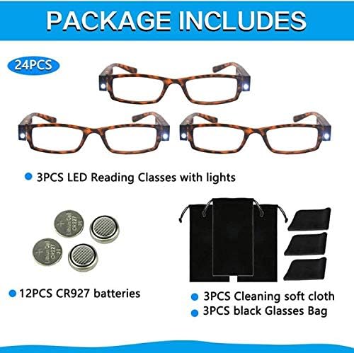 Reading Glasses with Light Bright LED Readers with Lights Reading Glasses Lighted Magnifier Nighttime Reader Compact Full Frame Eyewear Clear Vision Unisex Clear Vision Lighted Eye Glasses (+250)