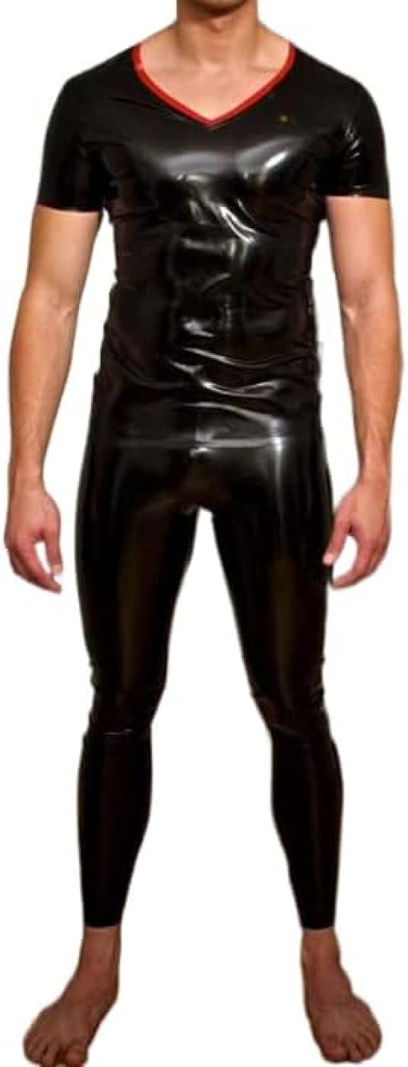 Sexy Black Short Sleeve Men's Neck Entry Latex Rubber Round Collar Customize,Red,Medium