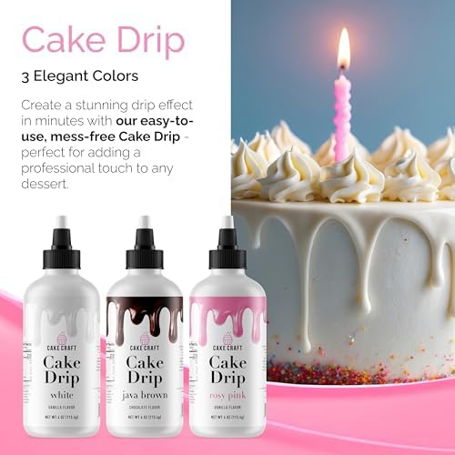Cake Craft Cake Drip 3-Pack – Java Brown, Rosy Pink & White | Ready-to-Use Drip Icing for Cake Decorating | Vanilla & Chocolate Flavored | No Heating Required | 2oz Bottles