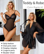 Avidlove Lingerie for Women Sexy Lace Bodysuit Robe Set 2 Piece Mesh Teddy Kimonos Sleepwear Boudoir Outfits S-XXL